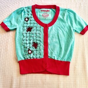 Spiderman Sweater Small Women’s Gwen Web Cardigan Blue Short Sleeve Cosplay